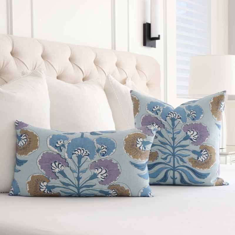 Throw Pillow Lavender Block Print Floral Tree Motif, Linen Like
