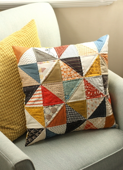 Throw Pillow Leaf Appliqué Patchwork Autumnal Mustard Farmhouse