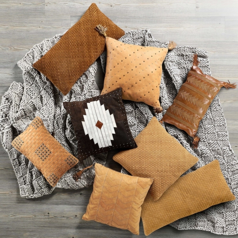 Throw Pillow Leather Like Chevron Corner Tassels Rustic