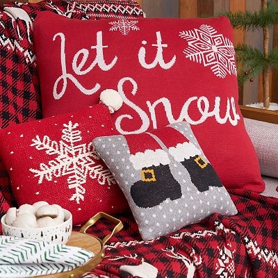 Throw Pillow Let It Snow Embroidery Berry Piped Edge