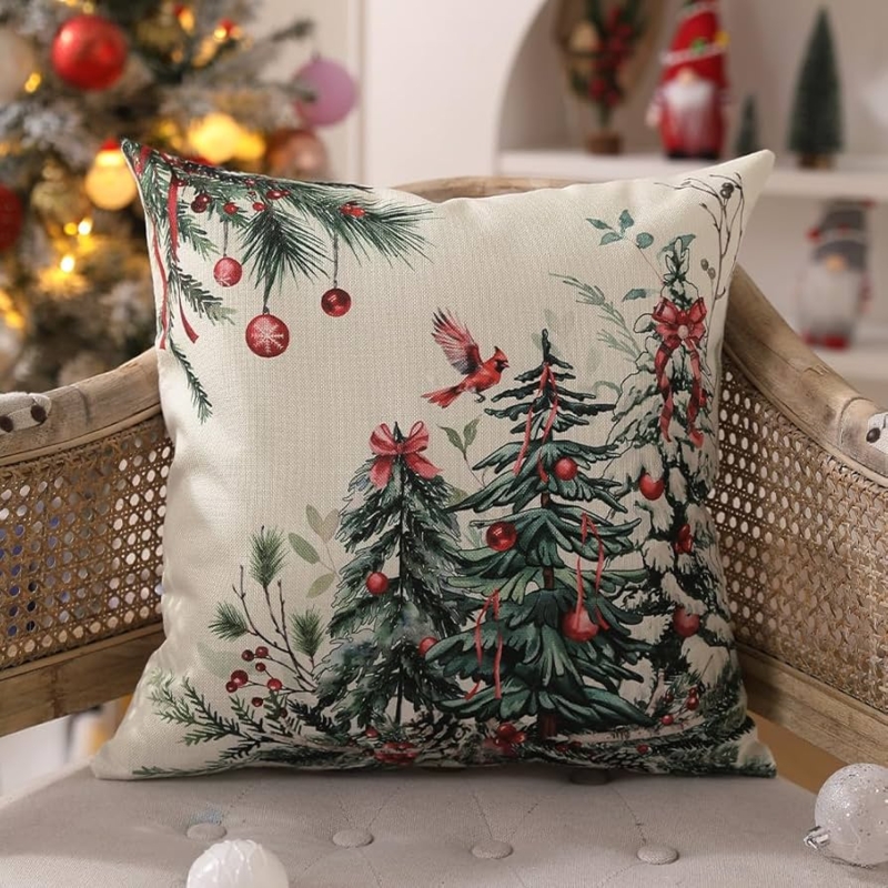 Throw Pillow Linen Texture Christmas Tree Graphic Rustic