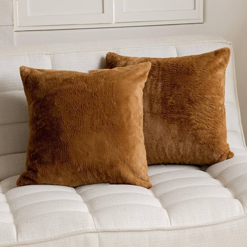 Throw Pillow: Long Pile Faux Fur in Warm Cognac Brown