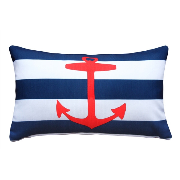 Throw Pillow, Lumbar Shape, Anchor Motif, Red and White, Coastal Accent.