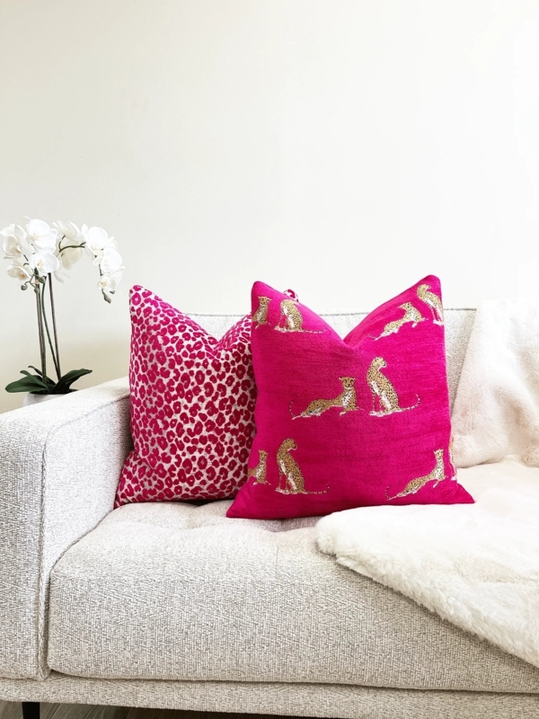 Throw Pillow, Magenta Velvet, Embroidered Leopard Print, Maximalist Glam
