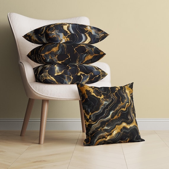 Throw Pillow Marble Pattern Gold Veining High Contrast Art Deco