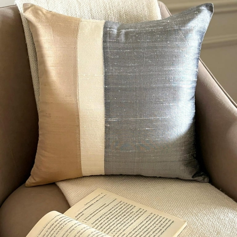 Throw Pillow: Metallic Gold Sheen Patchwork, Grey Silk-Like Luxurious Glam.