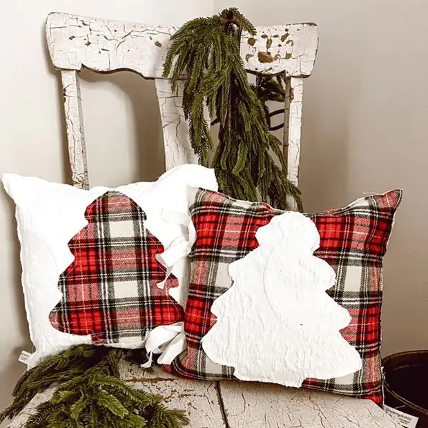 Throw Pillow: Minimalist Trees Applique, Frayed Edge Design