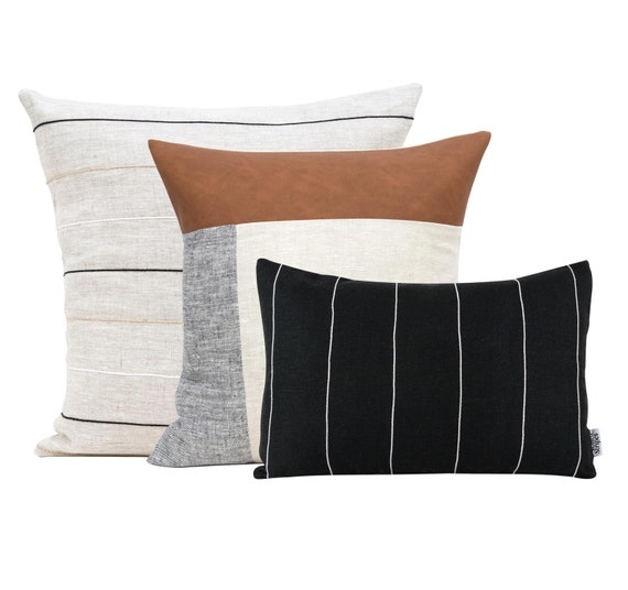 Throw Pillow Mixed Material Set Faux Leather Accent Neutral Palette