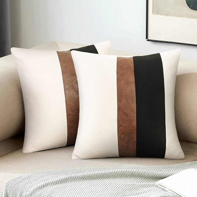 Throw Pillow: Mixed Media Panels with Cognac Accents