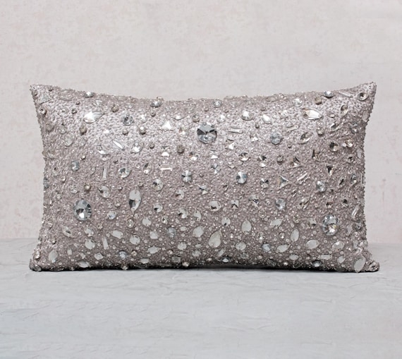 Throw Pillow Modern Crystal Embellishments Silver Grey Satin Sheen