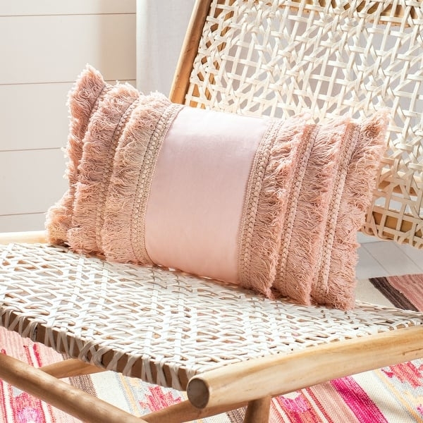 Throw Pillow Multi Textured Weave Fringe Rows Bohemian Style Ivory Grey