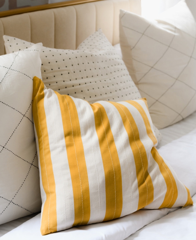 Throw Pillow Mustard Cabana Stripes Kantha Stitch Boho Accent