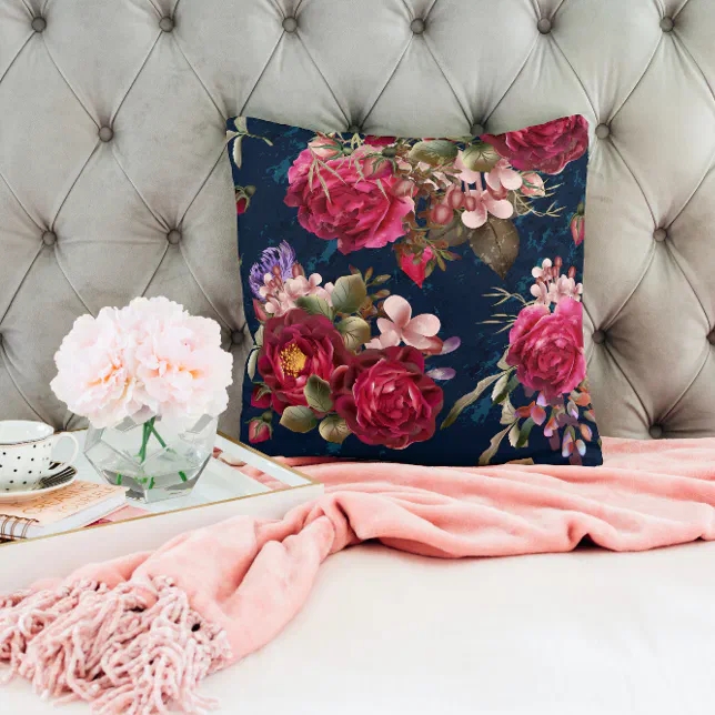 Throw Pillow Navy Blue Base Burgundy Floral Traditional Decor