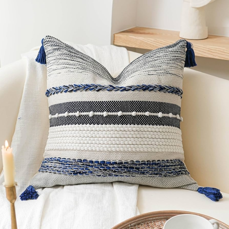 Throw Pillow Navy Blue Boho Geometric Tufting Raised Texture Tassels