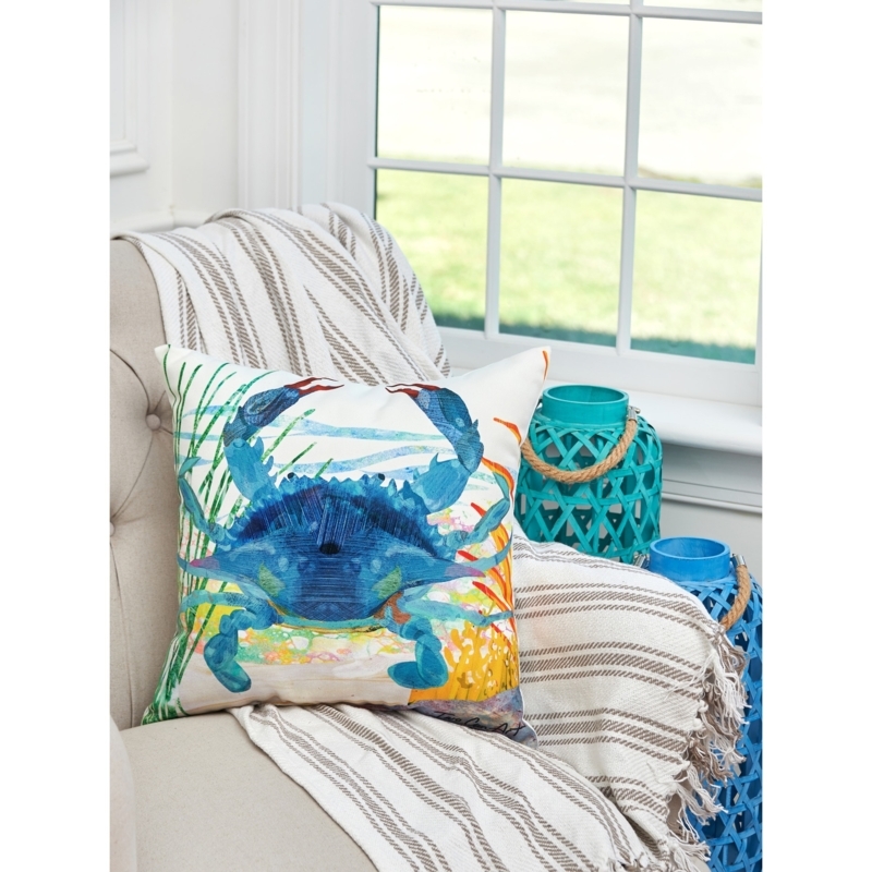 Throw Pillow, Navy Blue Crab Graphic Print, Coastal Woven Fabric