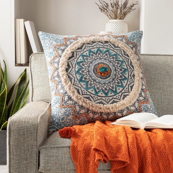 Throw Pillow Navy Blue Geometric Embroidery Global Inspired Accent