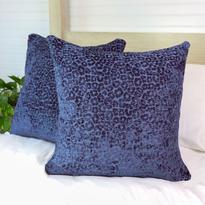 Throw Pillow Navy Blue Leopard Print Chenille Texture Piped Edge