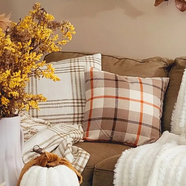 Throw Pillow Navy Red Green Plaid Frayed Edges Rustic Farmhouse Autumn