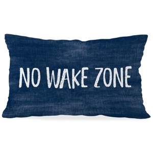 Throw Pillow, No Wake Zone Text, Navy Piping, Anchor Icon, Lumbar Shape.