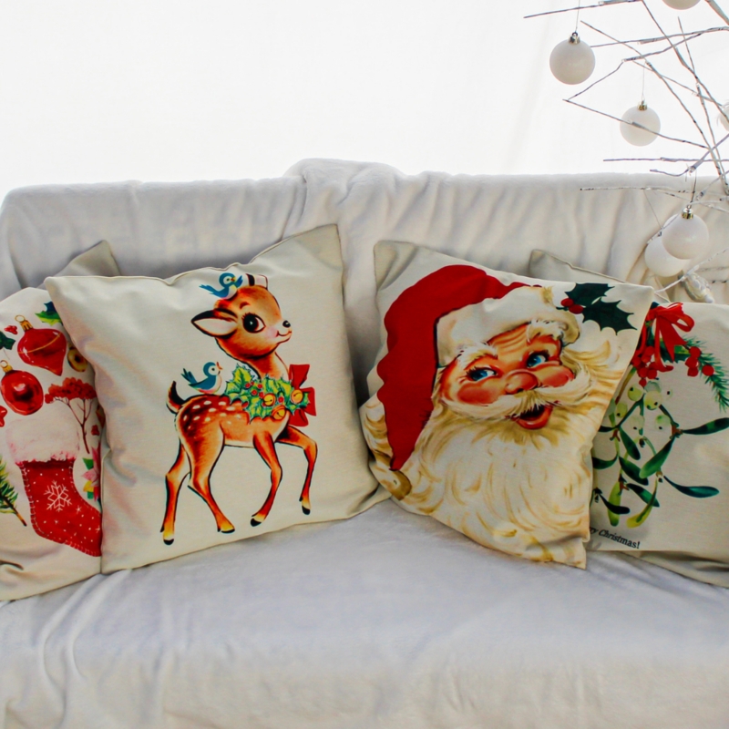 Throw Pillow: Nostalgic Santa Print, Linen Textured Base Set