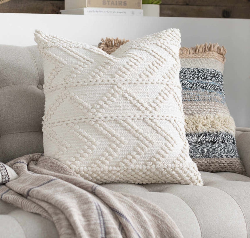 Throw Pillow Off-White Crochet Texture Fringe Trim