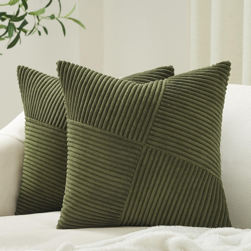 Throw Pillow: Olive Green Corduroy, Windmill Patchwork & Boho Style
