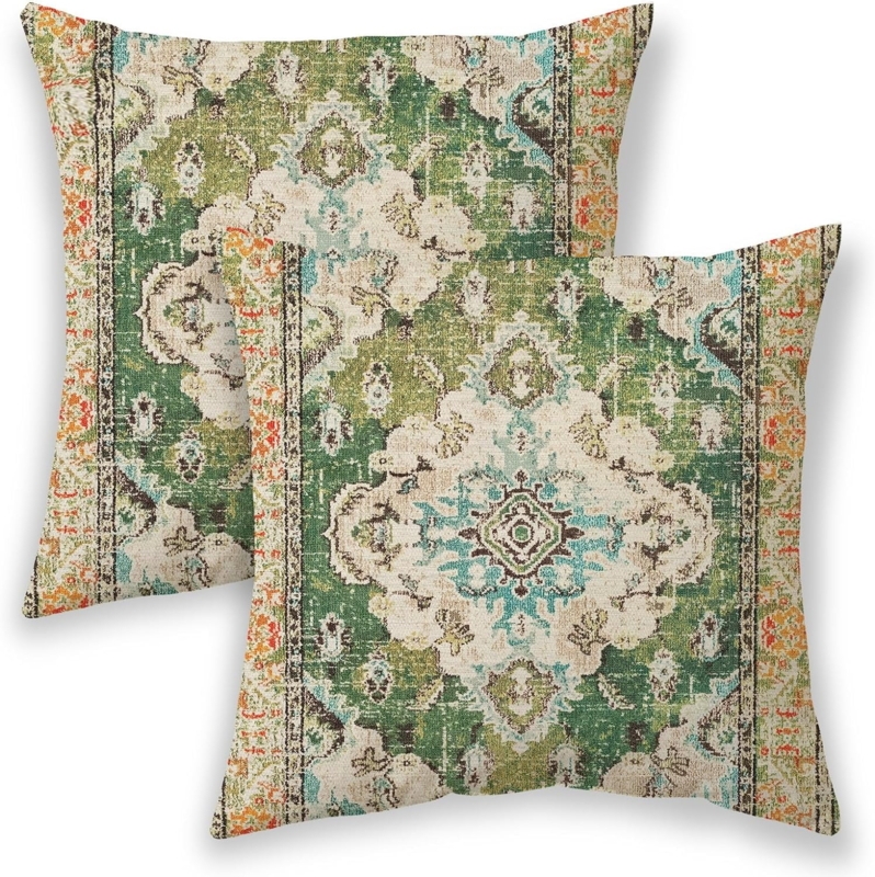 Throw Pillow: Olive Green Ethnic Geometric Pattern, Boho Farmhouse Style