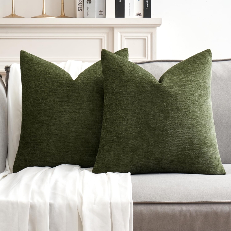Throw Pillow: Olive Green Ribbed Chenille, Soft Texture & Farmhouse Style