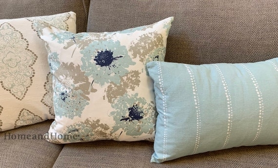 Throw Pillow: Oversized Botanical Print in Spa Blue Palette on Linen-Like Texture