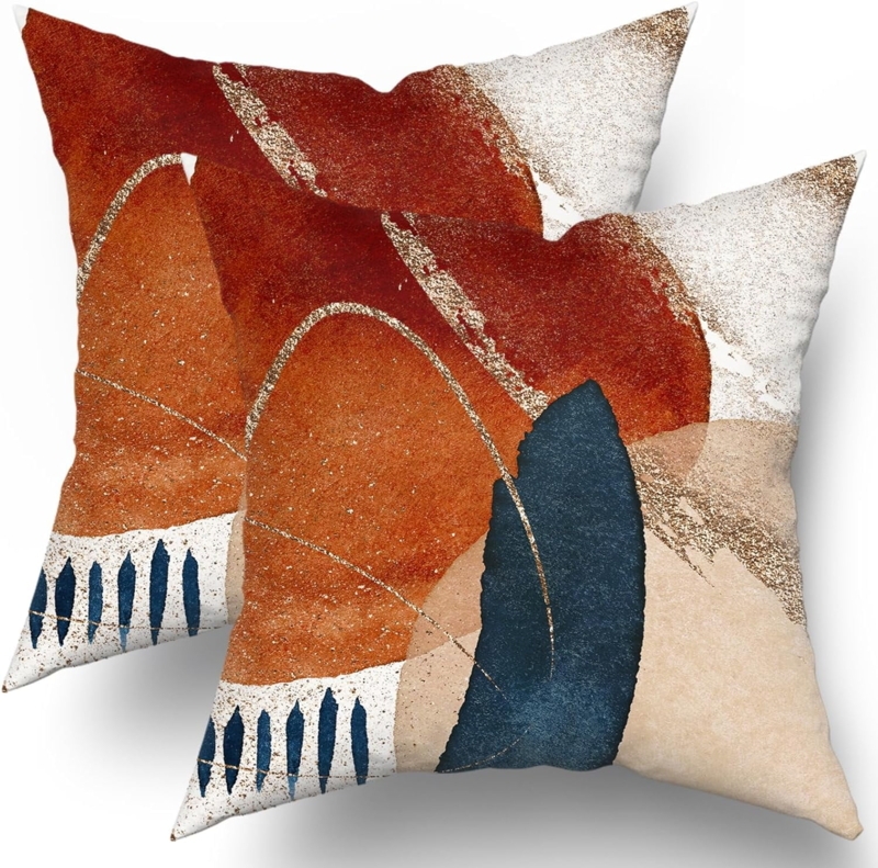 Throw Pillow Pair Abstract Arches Print Navy Orange Boho Geometric