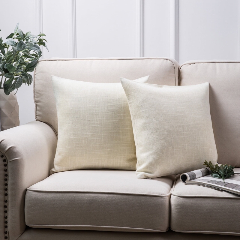 Throw Pillow Pair: White Heavy Woven Texture, Rustic Farmhouse Style.