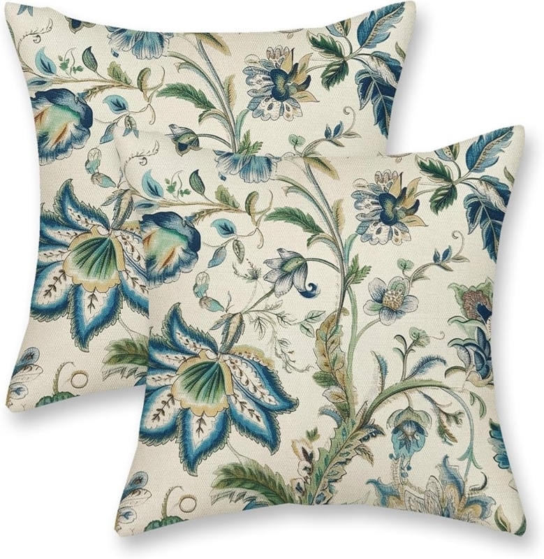 Throw Pillow Pair with piped edge and chinoiserie botanical print.