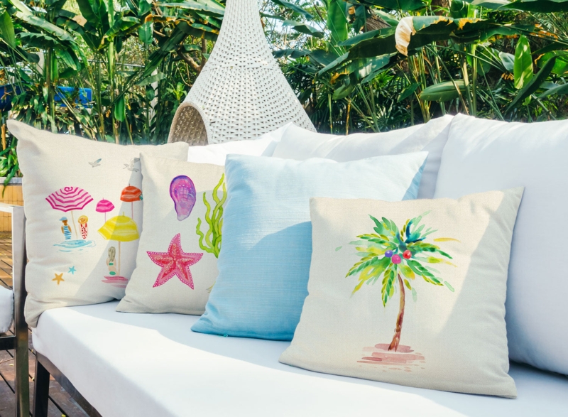 Throw Pillow Palm Tree Print Piped Edges Coastal Outdoor Patio