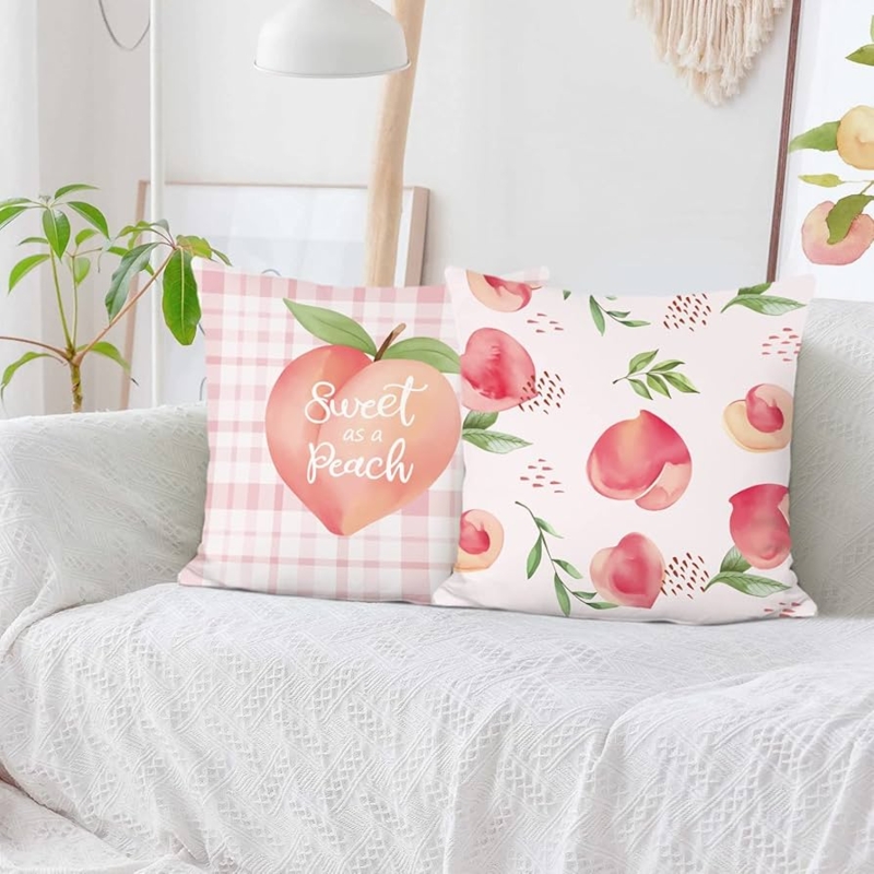 Throw Pillow: Peach Fruit Print, Piped Edges, Set of 2