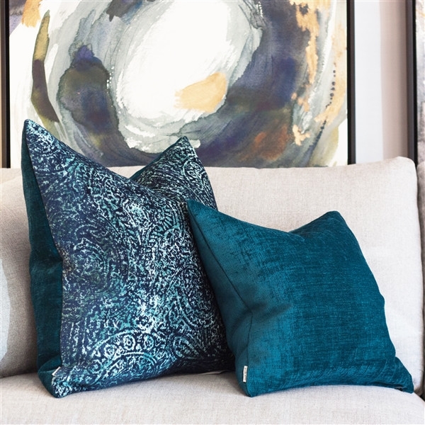 Throw Pillow Peacock Blue Velvet Soft Sheen Matching Piped Trim Accent