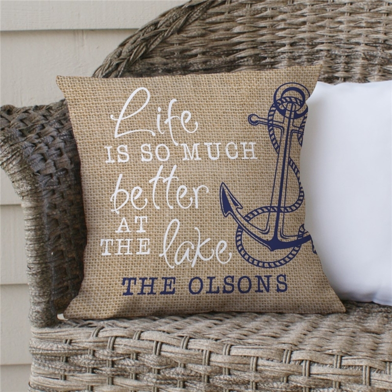 Throw Pillow, Personalized Text, Anchor Graphic, Woven Fabric, Coastal Theme.