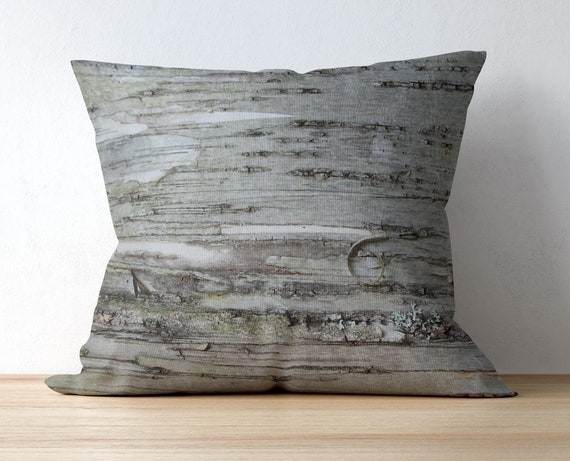 Throw Pillow, Photographic Birch Bark Print, Gray, Rustic Mountain Lodge Decor