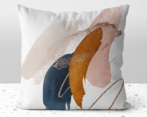 Throw Pillow: Pink and Blue Abstract Fluid Art with Gold Printed Accents