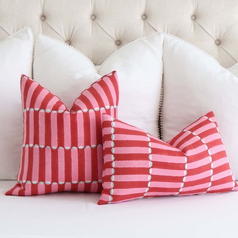 Throw Pillow Pink and Red Hand Block Print Geometric Arch Ruffled Edge