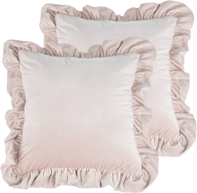 Throw Pillow Pink Velvet Like Soft Sheen Ruffled Shabby Chic Cushion
