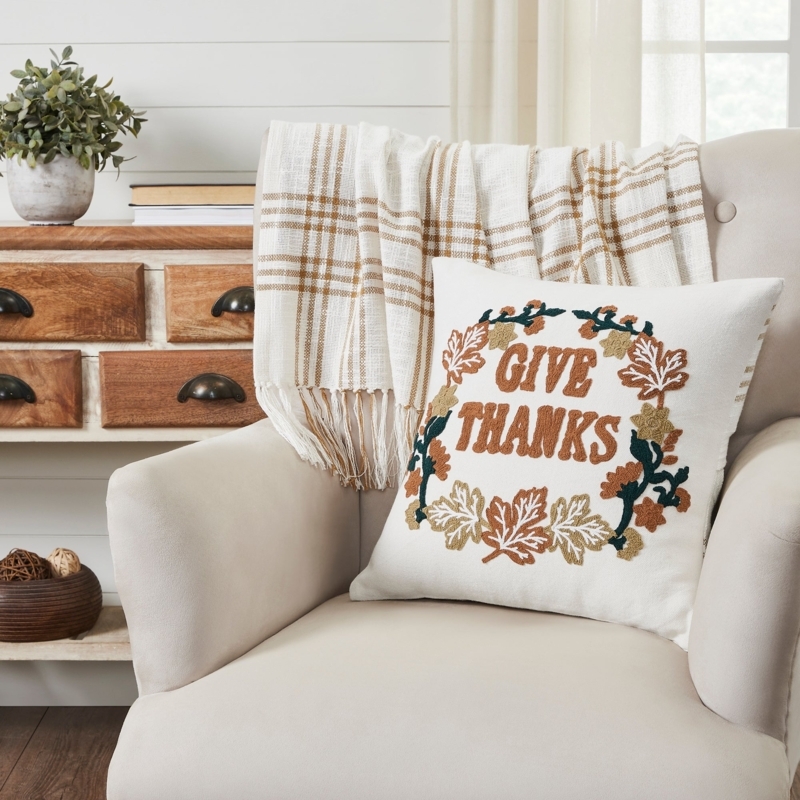 Throw Pillow Plaid Border Give Thanks Primitive Farmhouse Home Decor