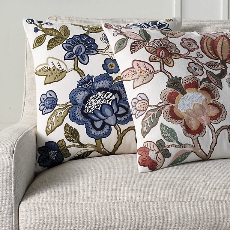 Throw Pillow: Pleated Flange Edge with Floral Embroidery on Linen-Like Fabric
