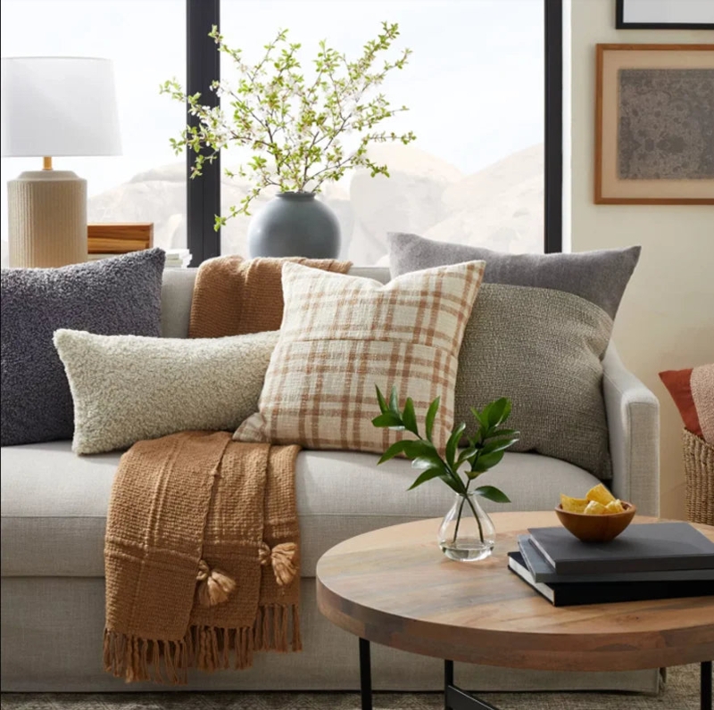Throw Pillow Plush Fabric Ribbed Surface Nordic Chocolate Brown Cream