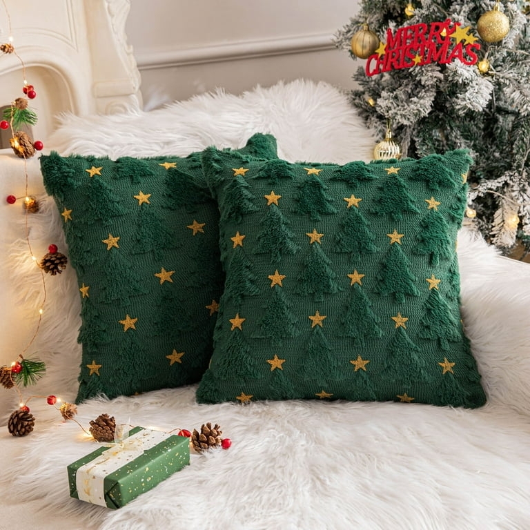 Throw Pillow: Plush Shaggy Texture, Christmas Tree Motif Set