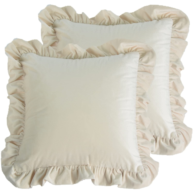 Throw Pillow Plush Velvet Texture Beige Ruffled Farmhouse Cushion