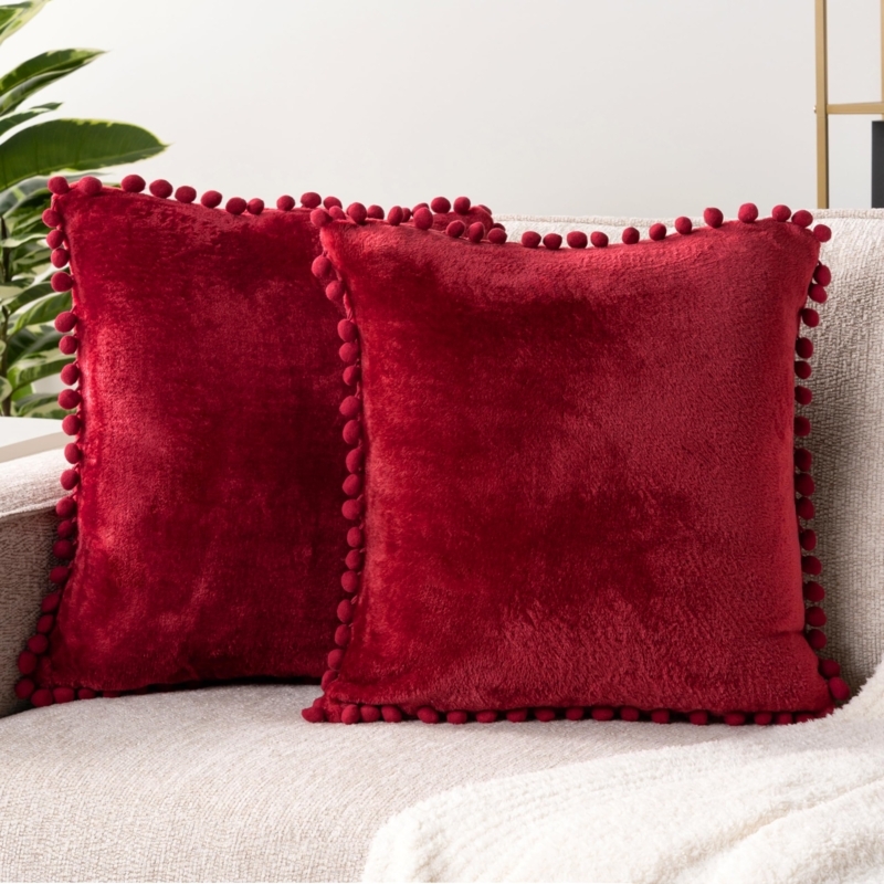Throw Pillow Pom Pom Trim Burgundy Velvet Plush Texture Boho Chic