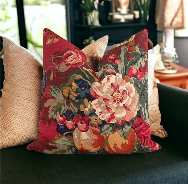 Throw Pillow Pomegranate Print Crimson Cream Traditional Botanical Decor