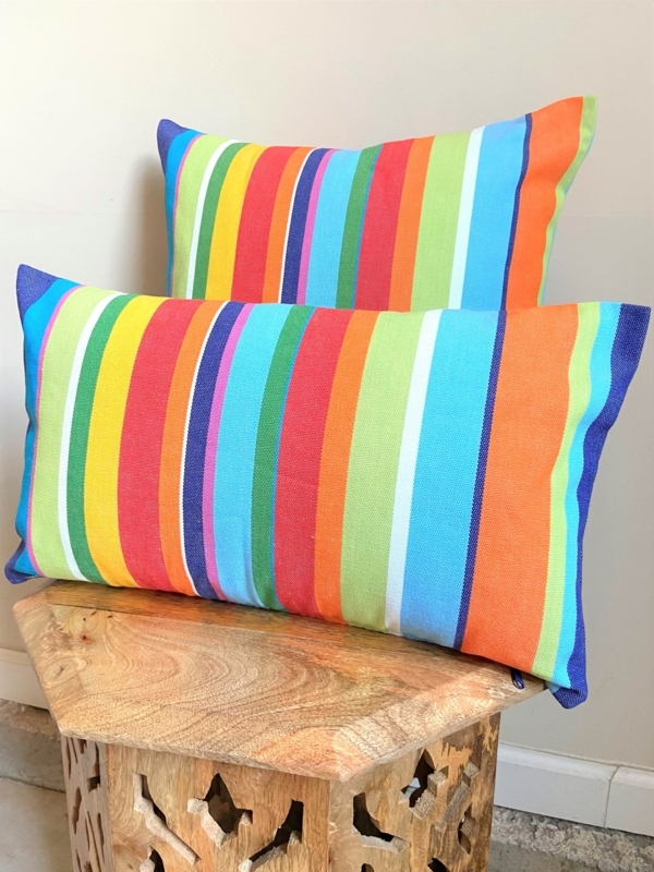 Throw Pillow Rainbow Stripes Lumbar Shape Cotton Canvas Vibrant