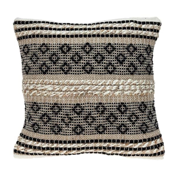 Throw Pillow Raised Black Embroidery Geometric Textured Weave Decor