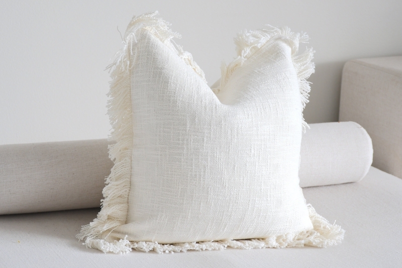 Throw Pillow Raised Geometric Weave Fringe Trim Boho Ivory